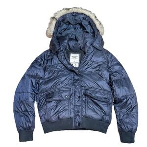 Abercrombie & Fitch Hooded Puffer Jacket Women's M Water Resistant Faux Fur Hood